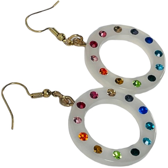 Rainbow Round translucent resin hoops with rhinestones earrings NEW - Picture 4 of 7